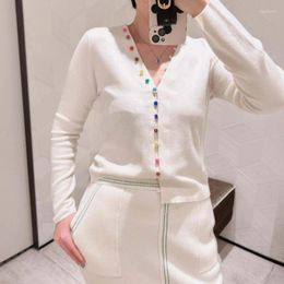 Women's Knits Women Early Spring Color Buttoned White V-neck Long-sleeved Cardigan