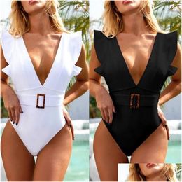 One-Piece Suits 2021 Y Deep-V One Piece Swimsuit Female Women Vintage Retro Bathing Suit High Cut Ruffle Swimwear Backless Monokini D Dh5Ec