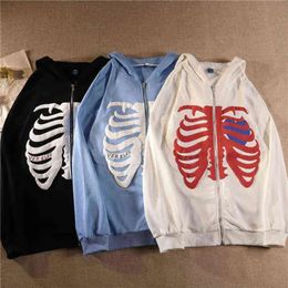 Y2k Harajuku Korean Style Loose Skeleton Zip Up Hoodie Goth Grunge Long-Sleeved Hooded Jacket Retro Black Oversized Sweatshirt 61