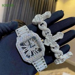 Men Wrist Watches Dial Fashion Skeleton Brand Design Hip Hop Waterproof Stainless Steel Ice Out Moissanite Watch