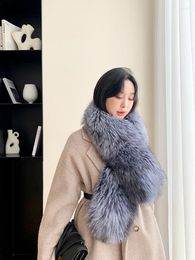 Scarves 2024 Autumn Winter Genuine Fur Scarf Long Collar Women Keep Warm With Clamp Sliver Shawl