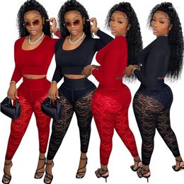 Women's Two Piece Pants Women Black/Red 2pcs Tracksuits Long Sleeve O Neck Crop Top And Lace Patchwork See Through Sexy Trousers Fitness