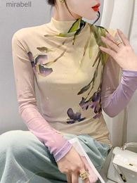 Women's Blouses Shirts #8857 Spring Autumn Floral Printed Mesh Turtleneck T Shirt Women Long Sleeve Vintage Tight Office Elastic Women's Tee Shirt Thin YQ240119