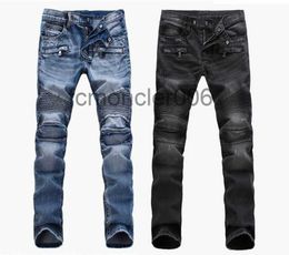 Fashion Men's Foreign Trade Light Blue Black Jeans Pants Motorcycle Biker Men Washing to Do the Old Fold Trousers Casual Runway Denim JLOZ