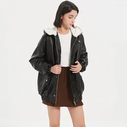 Women's Leather 2024 Winter Fur Coat Hair Hooded With Cotton Thickened Loose PU Washed Motorcycle Tide