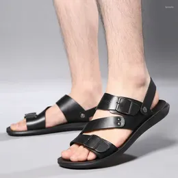 Sandals Summer Flat For Men Light Breathable Fashion Sandal Double Buckle Black PU Leather Large Size Men's Casual Beach Shoe