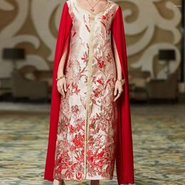 Ethnic Clothing 3D Embossing Red Dress Long Sleeve Dubai Luxury Robe Fancy Formal Ceremony Dresses For Women Wedding Vacation Festival