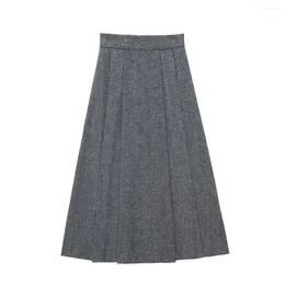 Skirts Pleated Midi For Women England Style High-Waisted Long Skirt Aesthetic Clothing Korean 2024 Winter Back Zipper