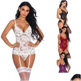 Women'S Sleepwear New Womens Sleepwear Lingerie With Suspenders Lace And Mesh Y Floral Sheer Lace-Up Back Teddy Bodysuits Red White B Dh1Bo