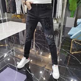 designer Men's Jeans 2023 Seasonal Trendy Brand for Heavy Industry Hot Diamond Printing Fashion Elastic Slim Fit Versatile Black Pants 1963