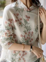 Women's Blouses 2024 Printed 9 Sleeve Linen Shirt Korean Casual Thin V-neck Loose Fitting Shirts For Women LuckBN M-3XL