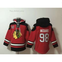 Connor Bedard Blackhawks Old Time Hockey Jerseys Chicago Hoodie Pullover Sports Sweatshirts Winter Jacket Black Red Size S-XXXL 5152