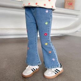Trousers 2024 Girls Spring Autumn One Piece Long Flared Pants Jeans Soft Fashion Sweet Flower All-match Outdoor