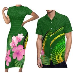 Casual Dresses Summer Sexy Women'S Crew-Neck Dress With Men'S Short-Sleeved Shirt Polynesian Matching Couple Suit