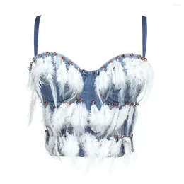 Women's Tanks Fashion Tassel Feather Tops Y2k Streetwear Woman Shirt Casual Bra Women Clothes Crop Top Denim Ladies Corset Summer