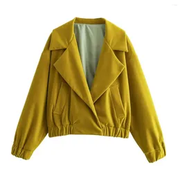 Women's Jackets Yellow Brown Cardigan Style Female Suit Cross Collar Elastic Hem Cuffs Coats Women Button-Zipperless Short Jacket