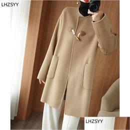 Womens Wool Blends Lhzsyy 2023 Winter Doublefaced Woollen Coat Ladies Pure Midlength Jacket Oneck Large Size Cardigan Cashmere Casual T Dhtnu