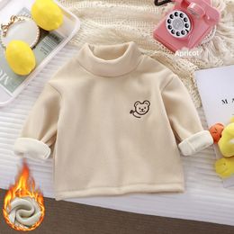 Children's plush and thick base sweater for autumn and winter clothing. Baby half high collar with warm embroidered teddy bear hoodie for boys and girls