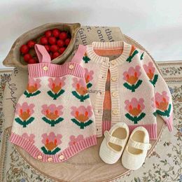 Pullover 2023 Autumn New Baby Girl Flower Print Knit Sweater Infant Knitted Cardigan Princess Clothes Newborn Bodysuit Baby Casual Coat H240508