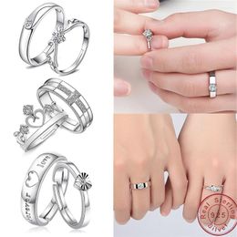 Cluster Rings Luxury Pave Zircon S925 Silver Couple Paired For Women Men Crown LOVE Heart Adjustable Wedding Anniversary Jewellery
