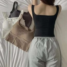 Women's Tanks Crop Top Women Seamless Square Collar Wide Straps Tank Knitted Striped Camisole Solid Corset Female