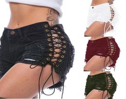 Women039s Shorts Summer Tassel Denim Party Rave Women Sexy Club Skinny Lace Up Mid Waist Hole Rivet Button Black Short Jeans9343461