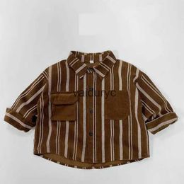 Çocuk Gömlekler 2023 Sonbahar Yeni Ldren Uzun Kollu Yaku Gömlek Pamuk Erkek Kız Kızlar Vintage Striped Tişörtler Bebek Hırka Ceket Çocuk Kıyafetleri H240508
