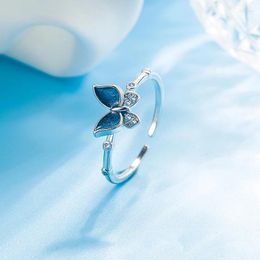 Cluster Rings Blue Elegant Butterfly For Women Korean Trendy Inlaid Zircon Silver Color Open Ring Sweet Girls Spring Fingle Jewelry Gift