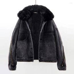 Women's Jackets Winter Denim Jacket Women Removable Fur Collar Liner Jeans Coat Loose Back Zipper Black Outerwear Female