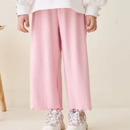 Trousers 2024 Girls Spring Autumn One Piece Elastic Striped Wooden Ear Edge Wide Leg Pants Loose Soft Fashion All-match Outdoor