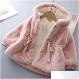 Jackets 2024 Tie Bow Winter Warm Outdoor Kids Jacket Girls Hooded P Childrens Boys Baby Clothes Fluffy Coat Drop Delivery Maternity Cl Dhxy4