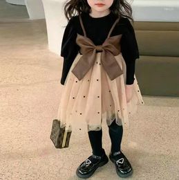 Girl Dresses Cute Baby Princess Dress 2024 Autumn Fake Two Piece Fashionable Mesh Fluffy And Versatile