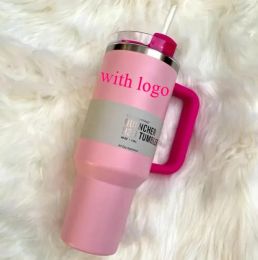 US Stock PINK Flamingo 40oz Stainless Steel Mugs with Logo Handle Lid Straw Big Capacity Beer Tumblers Water Bottle for Valentine's Day Gift