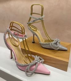 Vendita all'ingrosso sandali con doppio fiocco scarpe da donna in raso impreziosito da cristalli con cinturino in raso di seta tacco a spillo punta a punta scarpe da donna sandali gladiatore EU35-42