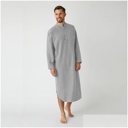 Men'S Sleepwear Mens Sleepwear 2023 Men Casual Sleep Robes Long Sleeve Round Neck Shirts Man Fashion Solid Colour Nightgown Comfy Nigh Dhcue