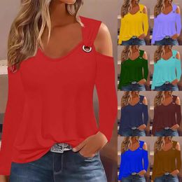 Women's Blouses Solid Colour Metal Button Off Shoulder Long Sleeve Top Shirts Men Athletic Wear For Woman