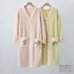 Women's Sleepwear Cute Sweet Coral Plush Long Sleeved Medium Length Nightgown Women Homewear 2024 Autumn And Winter Bathrobe