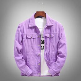 Autumn Mens Jean Jacket Slim Fit Cotton Denim Purple Orange Ripped Coats Men Outwear Plus Size 240118