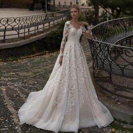 Stunningbride 2024 Modest Champagne Wedding Dress with Long Sleeves Sweetheart Delicate Lace Bride Sweep Train A Line Bridal Gowns