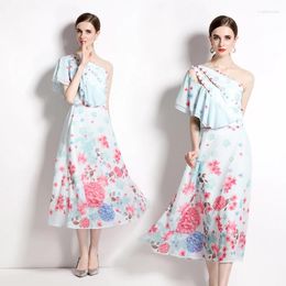 Work Dresses Helolis 2024 Summer Fashion Floral Print 2 Piece Set Women Oblique Shoulder Ruffles Button Tops High Waist Midi Skirts