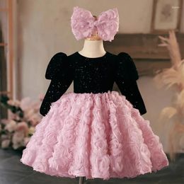 Girl Dresses Long Puff Sleeve Elegant Sweet Birthday Party Flower Design Sequined Ball Gown Princess Dress Girls Robe