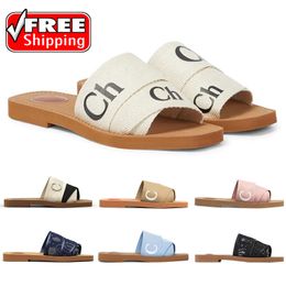 free shipping designer woody sandals for women mules flat clogs slides light tan beige white black lace lettering fabric canvas slippers womens summer shoes
