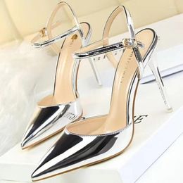 Sandals Gold High Heels For Women Pointed Toe Temperament Patent Leather Large Size Wedding Party Shoes Sandalia Mujer 2024