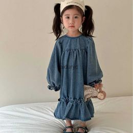 Girl's Dresses 2024 Spring New Girls Denim Casual Dress ldren Long Sleeve Princess Dress Kids Girls Fish Tail Dress Fashion Baby Clothes H240508