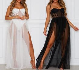 Casual Drs Summer Women Mesh Gauze Long Dress Sexy Strappy Rompers Sundress One Piece Perspective Sleeveless Backless Bathing Beach Clot7261237