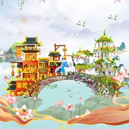 Craft Tools 3D Metal Puzzle Chinese Ancient Town Model Building Kits with Light DIY 3D Laser Cutting Jigsaw for Adults Gifts Home Decoration YQ240119