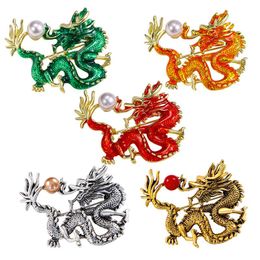 Vintage Enamel Dragon Brooches For Women Men Shining Rhinestone Pearl Animal Party Office Chinese Style