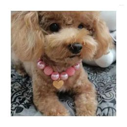 Dog Collars INS Cute Teddy Pearl Necklace Heart Shaped Pendant Pet Collar European And American Accessories 22660