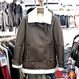 Women's Trench Coats HWL Streetwear Winter Loose Fuax Fur Leather Jacket Warm Sheepskin Suede Moto Biker With Belt Collar Lamb Parka Female