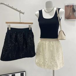 Skirts Mini Skirt Women 2024 Summer High Waisted A-Line Slim Solid Sequins Fashion Office Ladies Elegant Shiny